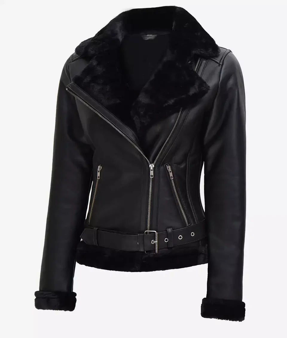 AGNES ASYMMETRICAL SHEARLING LEATHER JACKET #1002