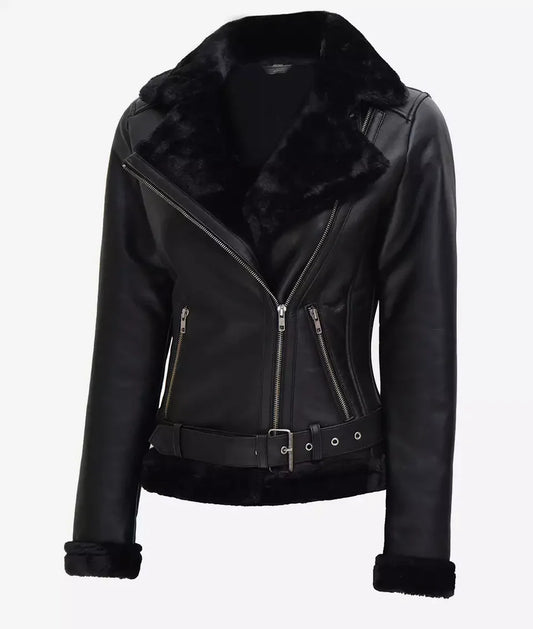 AGNES ASYMMETRICAL SHEARLING LEATHER JACKET #1002