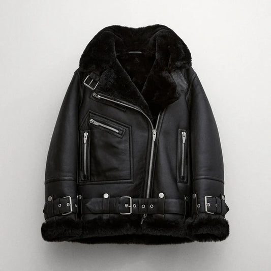 Black Women B3 RAF Aviator Styled Sheepskin Shearling Leather Jacket #1005