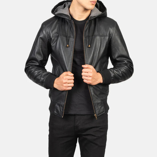 BLACK HOODED LEATHER BOMBER JACKET #1001