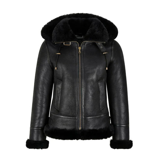 WOMENS B3 BOMBER HOODED CLASSIC BLACK SHEARLING JACKET #1004