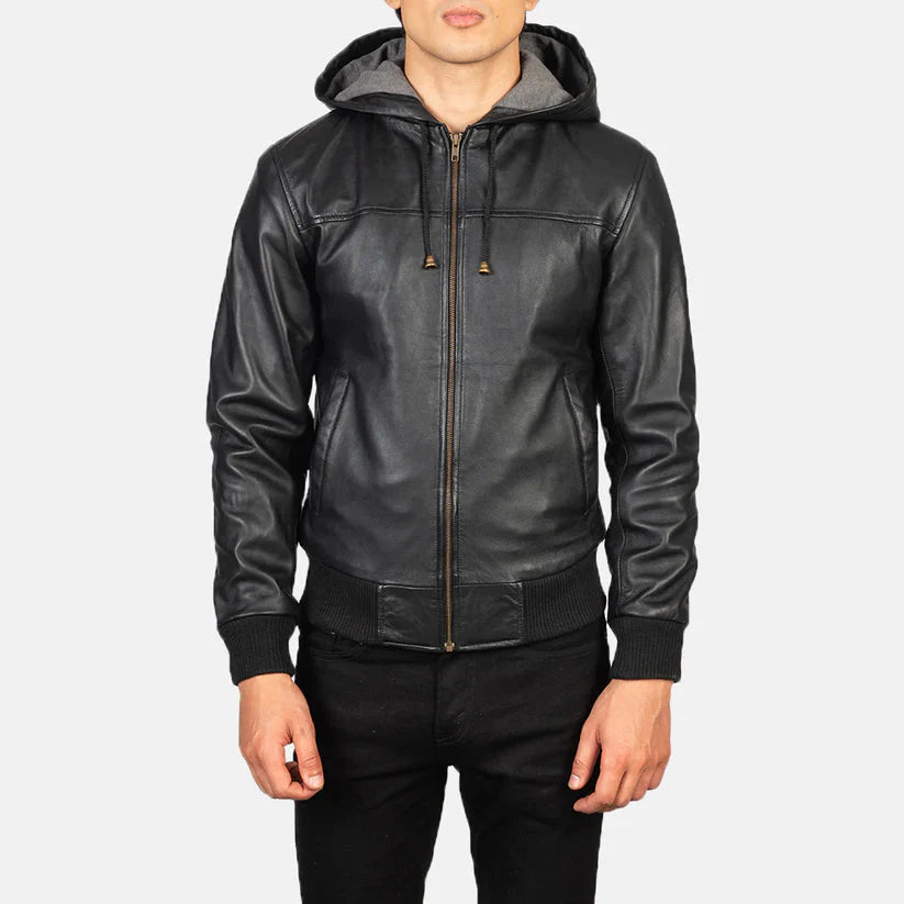 BLACK HOODED LEATHER BOMBER JACKET #1001