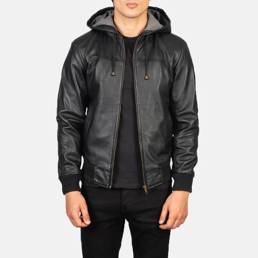 BLACK HOODED LEATHER BOMBER JACKET #1001