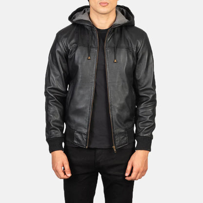 BLACK HOODED LEATHER BOMBER JACKET #1001