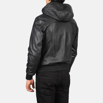 BLACK HOODED LEATHER BOMBER JACKET #1001